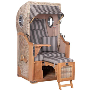 Strandkorb Mr. Deko Düne Bullaugen Teak PE-shell 1-Sitzer mit grau gestreifter Polsterung für kleine Terrassen