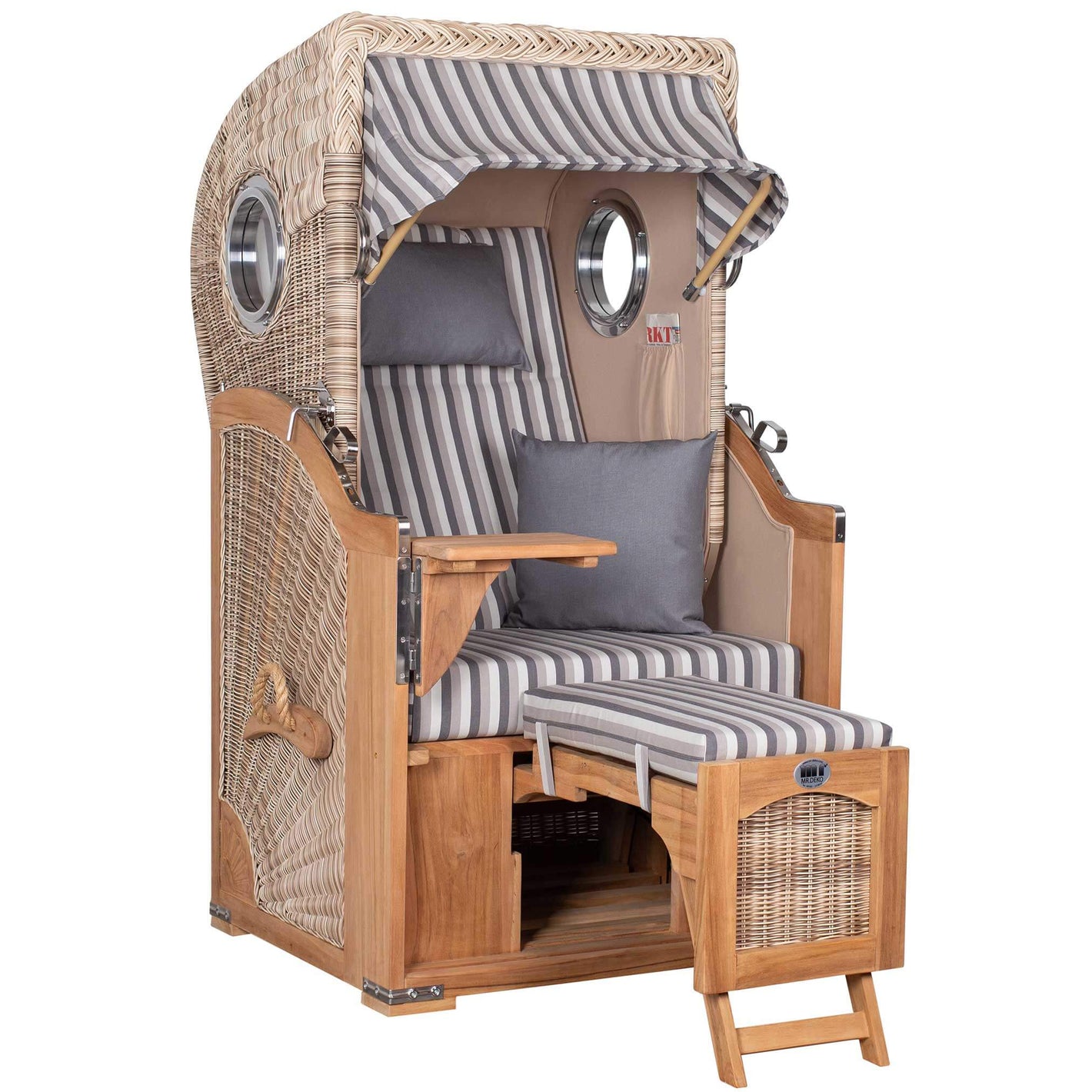 Strandkorb Mr. Deko Düne Bullaugen Teak PE-shell 1-Sitzer Dessin 545 mit maritimen Streifenpolstern