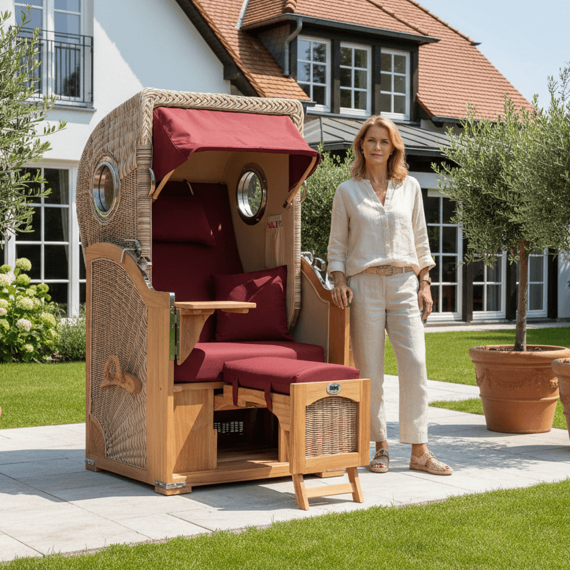 Strandkorb Mr. Deko Düne Bullaugen Teak PE-shell 1-Sitzer Dessin 550 auf Terrasse mit Frau daneben