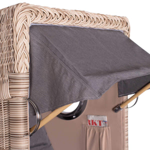 Strandkorb Mr. Deko Düne Bullaugen Teak PE-shell 1-Sitzer Seitenansicht mit grauer Markise und geflochtenem Rahmen