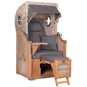 Strandkorb Mr. Deko Düne Bullaugen Teak PE-shell 1-Sitzer Dessin 551 in Grau mit Fußstütze für Terrasse