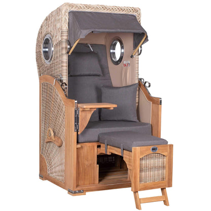 Strandkorb Mr. Deko Düne Bullaugen Teak PE-shell 1-Sitzer Dessin 551 in Grau mit Fußstütze für Terrasse