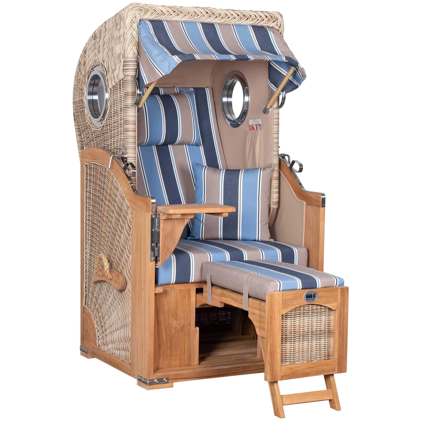 Strandkorb Düne Single Teak PE Shell 1-Sitzer mit Bullaugen und blau gestreiftem Polster für Terrasse oder Garten