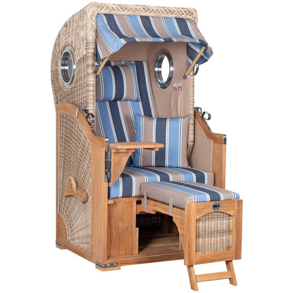 Strandkorb Düne Single Teak PE Shell 1-Sitzer mit Bullaugen und blau gestreiftem Polster für Terrasse oder Garten