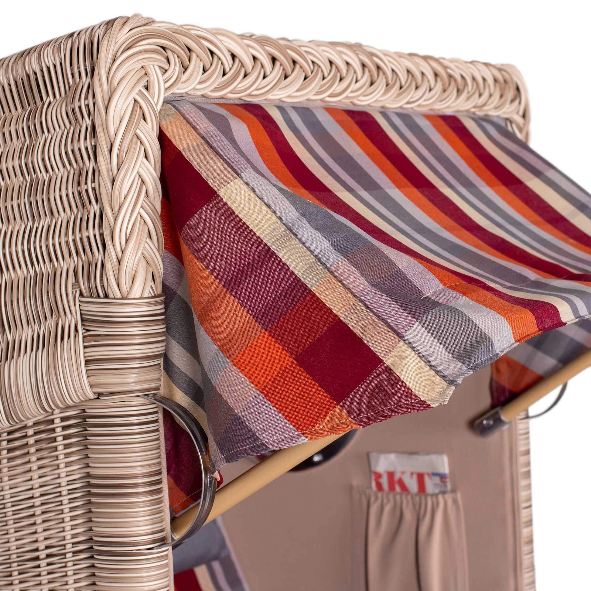 Strandkorb Mr. Deko Düne Bullaugen Teak PE-shell 1-Sitzer mit bunt gestreifter Markise in Dessin 584 Nahaufnahme