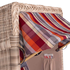 Strandkorb Mr. Deko Düne Bullaugen Teak PE-shell 1-Sitzer mit bunt gestreifter Markise in Dessin 584 Nahaufnahme