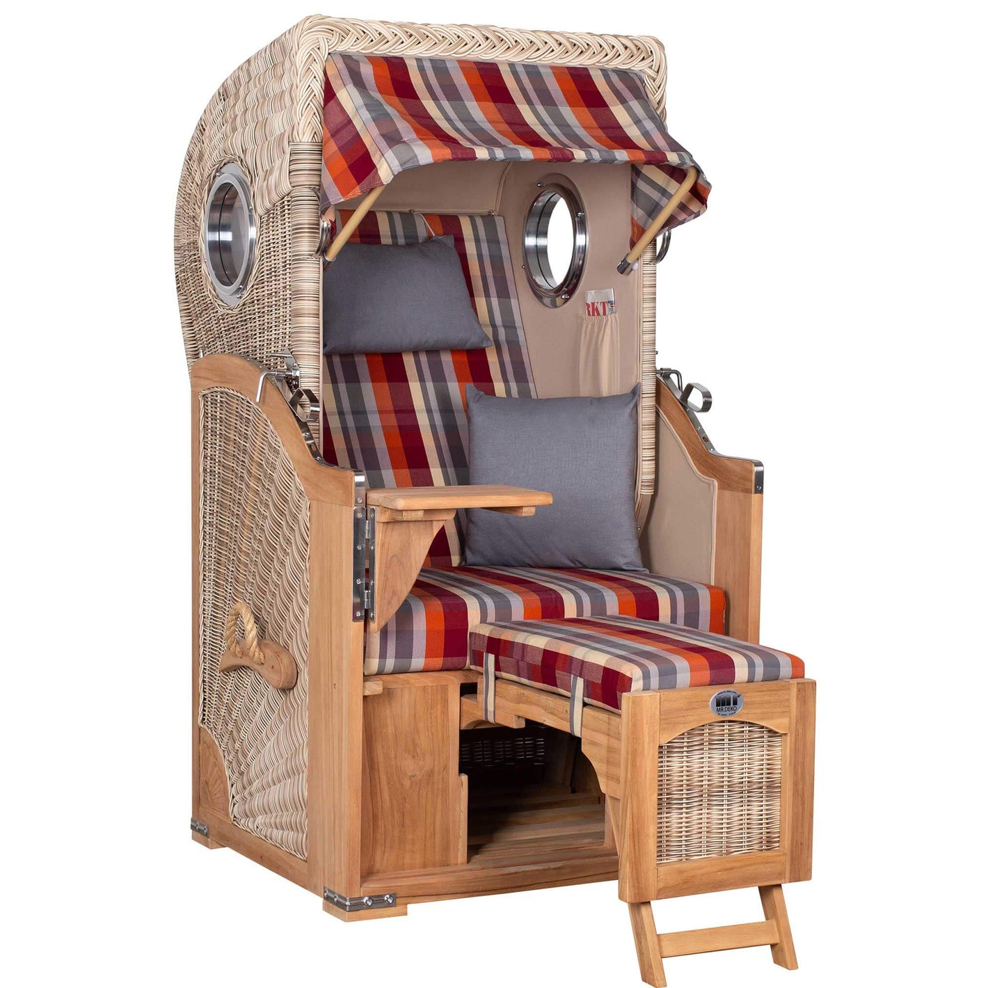 Strandkorb Mr. Deko Düne Bullaugen Teak PE-shell 1-Sitzer mit verstellbarer Liegefläche und maritimem Dessin 584