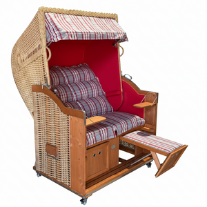 Strandkorb Sonnenpartner Modell Classic Geflecht naturoptik, Holz lasiert, Dessin Modena rot