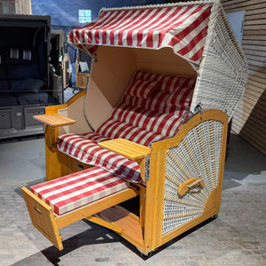 A2026 Strandkorb Prieß Modell Meister Lärche Holz, PE Geflecht taupe, Dessin rot taupe, 150 cm