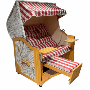 A2026 Strandkorb Prieß Modell Meister Lärche Holz, PE Geflecht taupe, Dessin rot taupe, 150 cm