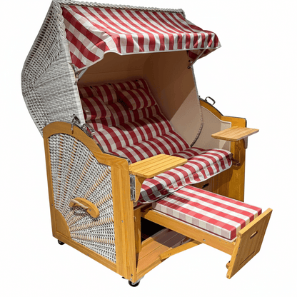 A2026 Strandkorb Prieß Modell Meister Lärche Holz, PE Geflecht taupe, Dessin rot taupe, 150 cm