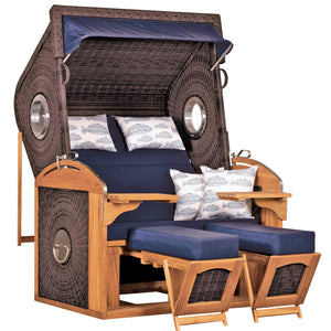 Strandkorb deVries Sailor PURE Teak XL PE stone-grey Dessin 197 mit Bullaugen, verstellbarer Liegefunktion und blauen Polstern