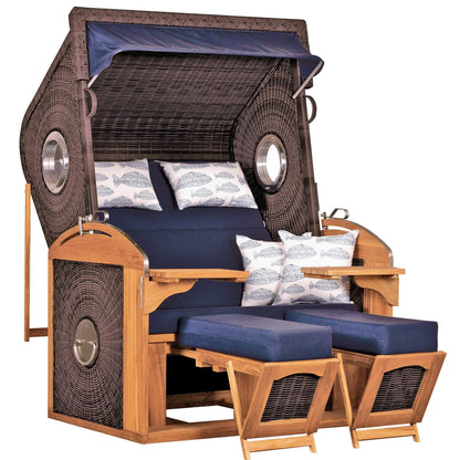 Strandkorb deVries Sailor PURE Teak XL PE stone-grey Dessin 197 mit Bullaugen, verstellbarer Liegefunktion und blauen Polstern