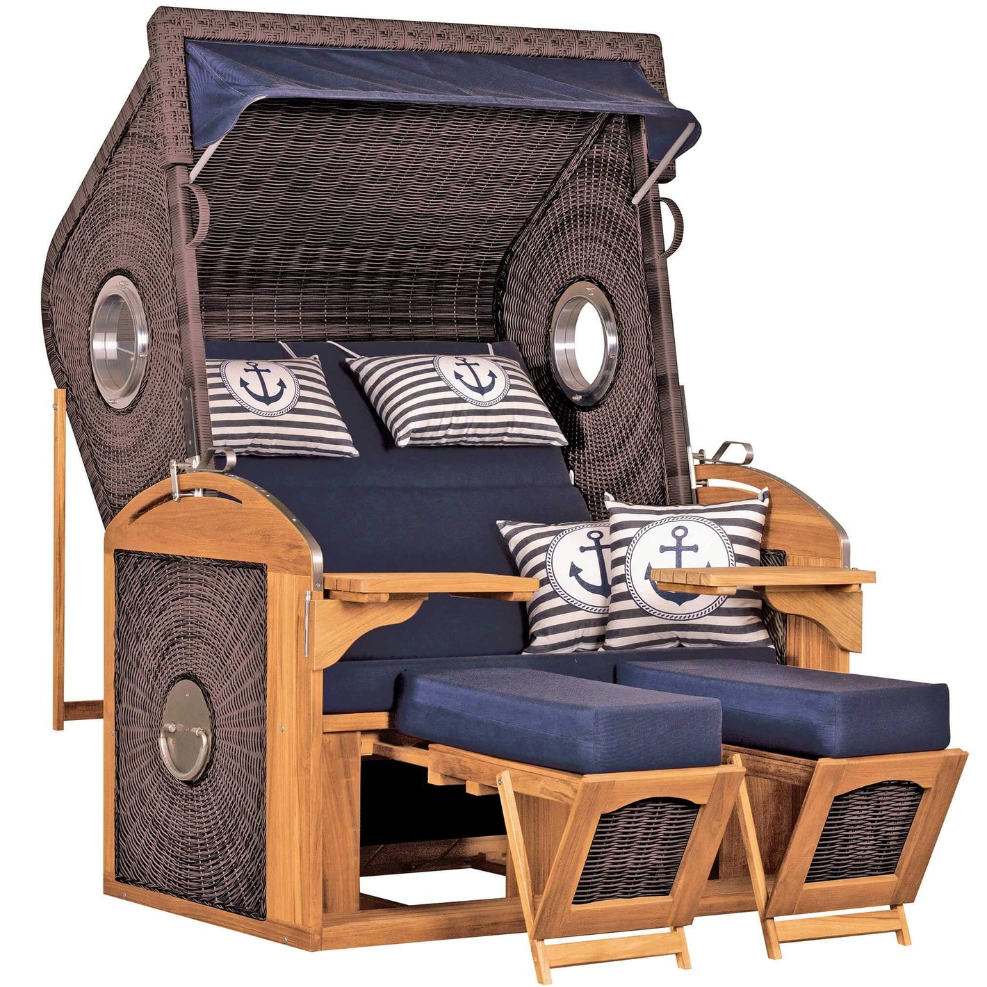 Strandkorb deVries Sailor PURE Teak XL PE stone-grey Dessin 198 mit Bullaugen und blauen maritimen Kissen