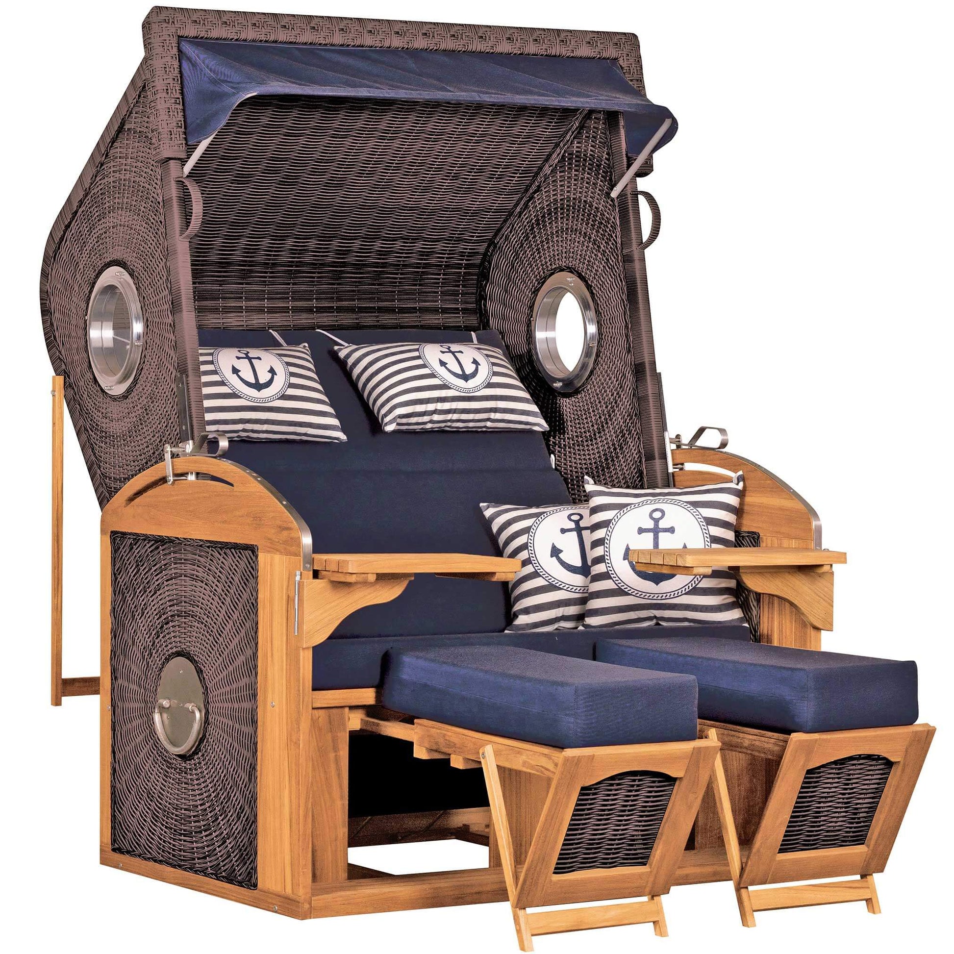 Strandkorb deVries Sailor PURE Teak XL PE stone-grey Dessin 198 mit Bullaugen und blauen maritimen Kissen
