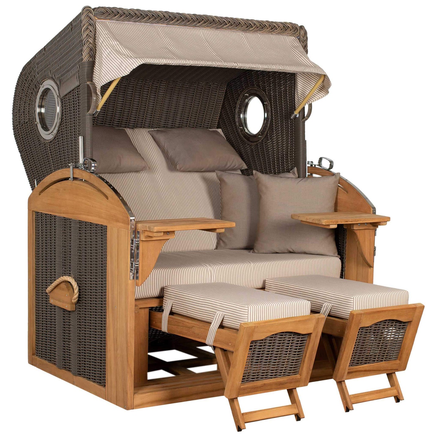 Strandkorb Mr. Deko Schillig Bullaugen Teak PE Grey 2,5-Sitzer XL mit verstellbaren Fußstützen und hochwertigem Teakholz.