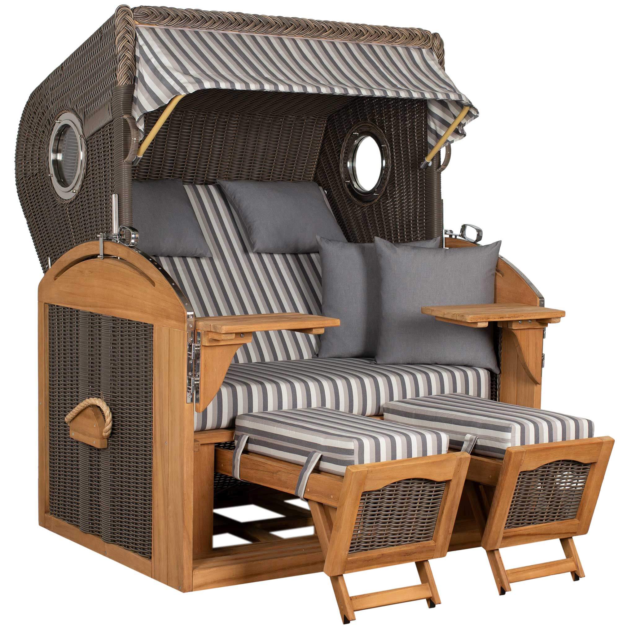 Strandkorb Mr. Deko Schillig Bullaugen Teak PE Grey 2,5-Sitzer XL mit verstellbaren Fußstützen und stilvoller Polsterung.