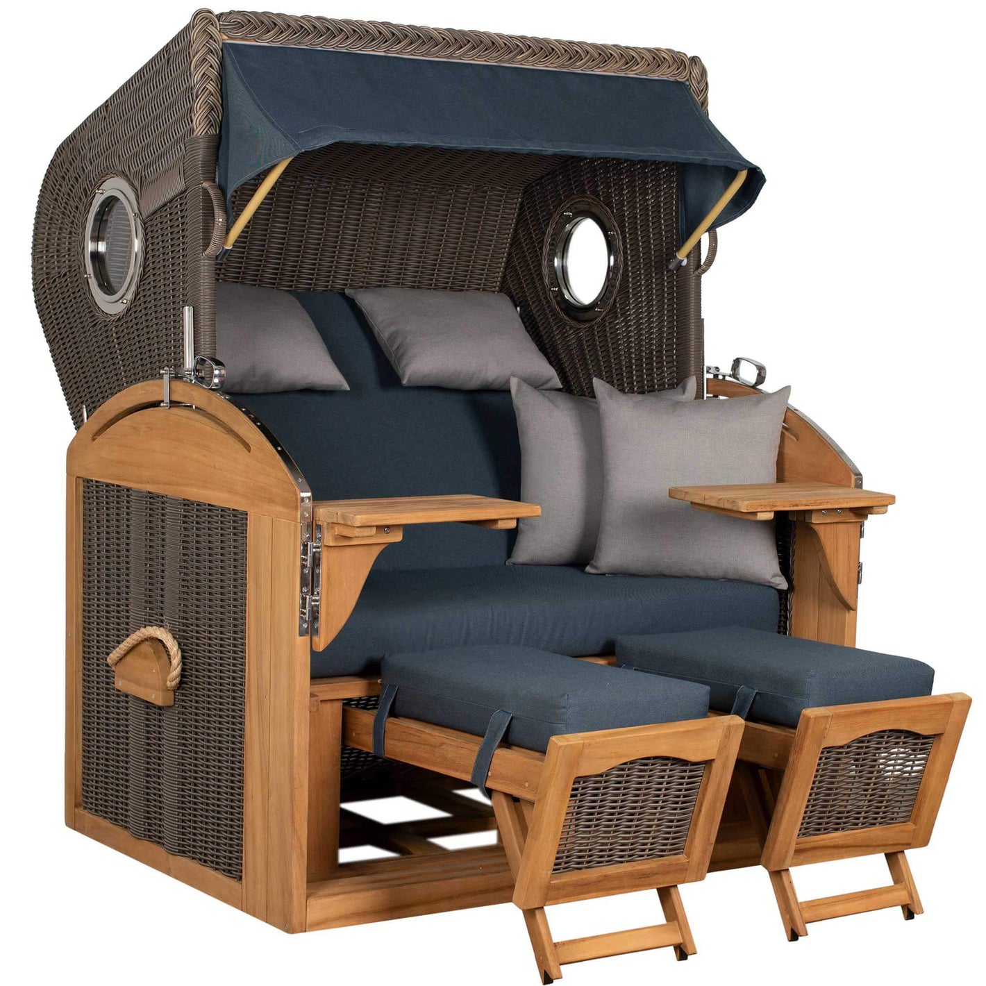 Strandkorb Mr. Deko Schillig Bullaugen Teak PE Grey 2,5-Sitzer XL mit verstellbaren Fußstützen und Kissen