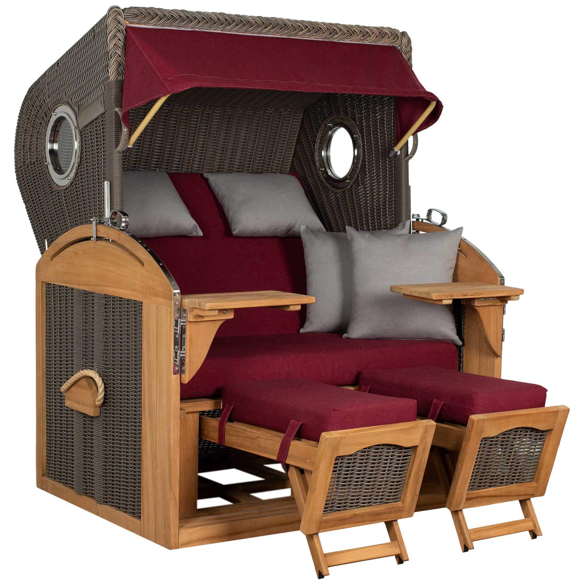 Strandkorb Mr. Deko Schillig Bullaugen Teak PE Grey 2,5-Sitzer XL mit rotem Polster und verstellbaren Fußstützen