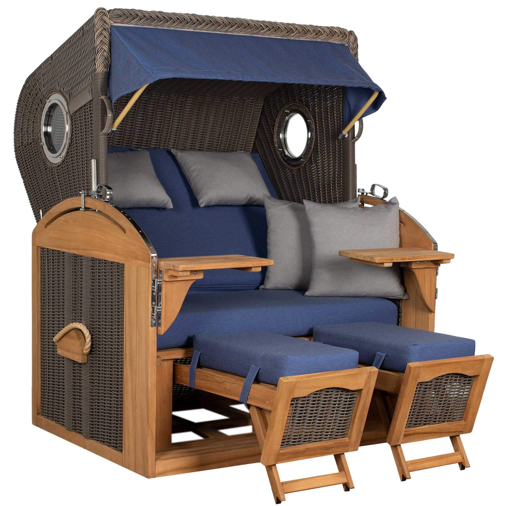 Strandkorb Mr. Deko Schillig Bullaugen Teak PE Grey 2,5-Sitzer XL mit verstellbaren Fußstützen und gemütlichen Kissen.