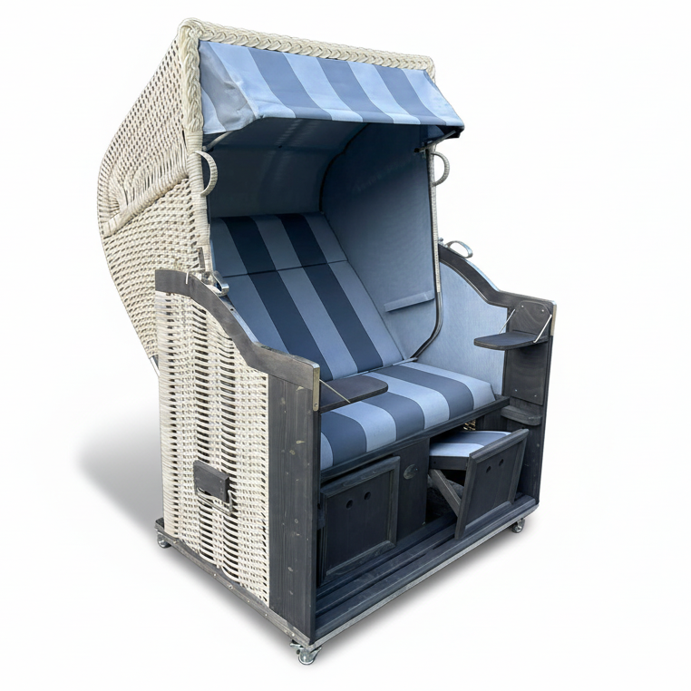 Strandkorb Sonnenpartner Modell Classic PE-Geflecht white washed grau, Dessin 19 uni jeansblau, zweisitziger Strandkorb