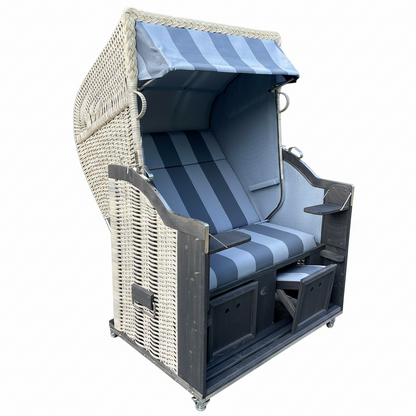 Strandkorb Sonnenpartner Modell Classic PE-Geflecht white washed, Holz grau lasiert, Dessin 19 uni jeansblau