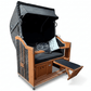 Strandkorb Sonnenpartner Modell Classic schwarz-weißes Geflecht mit lasiertem Holz und schwarzem Sonderstoff, inklusive 2 Kissen