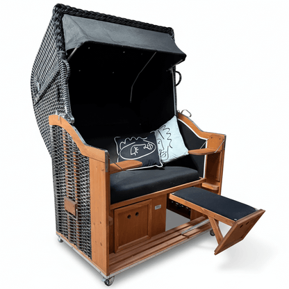 Strandkorb Sonnenpartner Modell Classic schwarz-weißes Geflecht mit lasiertem Holz und schwarzem Sonderstoff, inklusive 2 Kissen