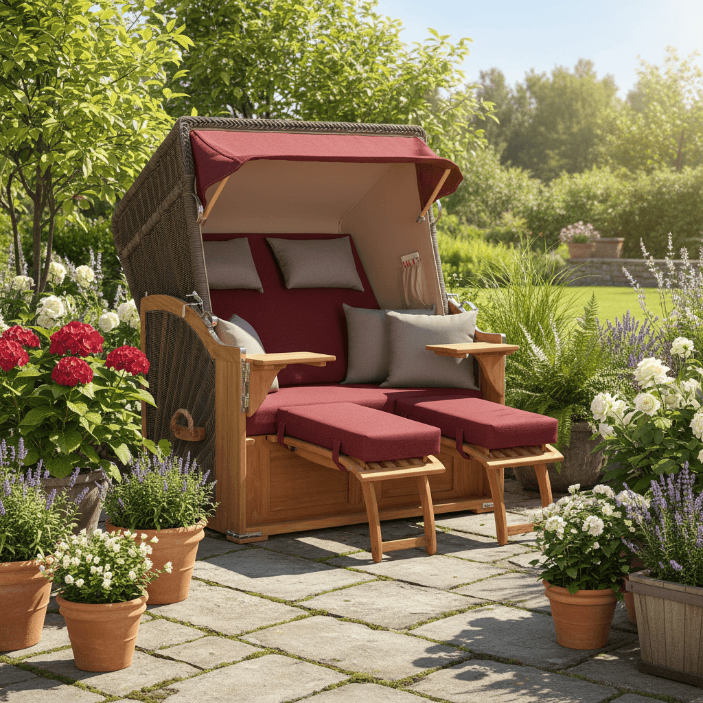Komplettpaket Strandkorb Seeblick Teak PE grau mit rot bordeaux Polstern in einem blühenden Garten.