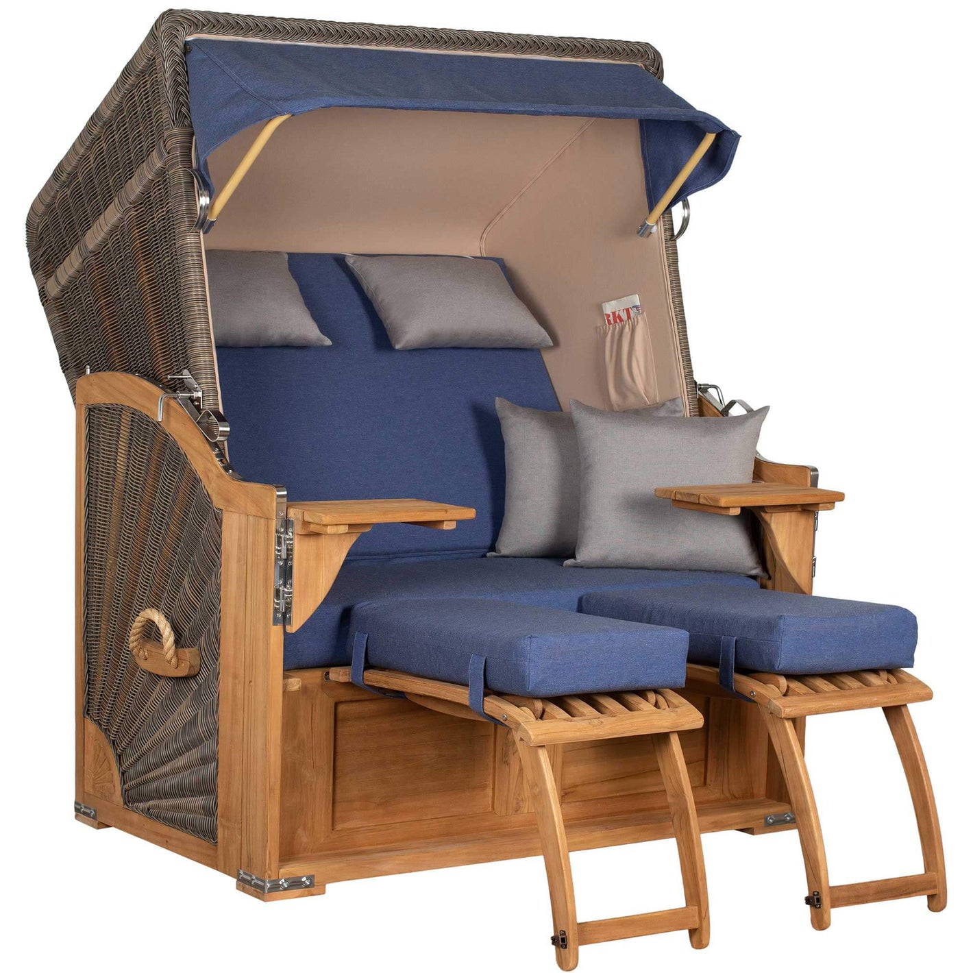 Strandkorb Seeblick Teak PE grau 2-Sitzer mit bequemen Polstern und Holzschaukelstuhl.