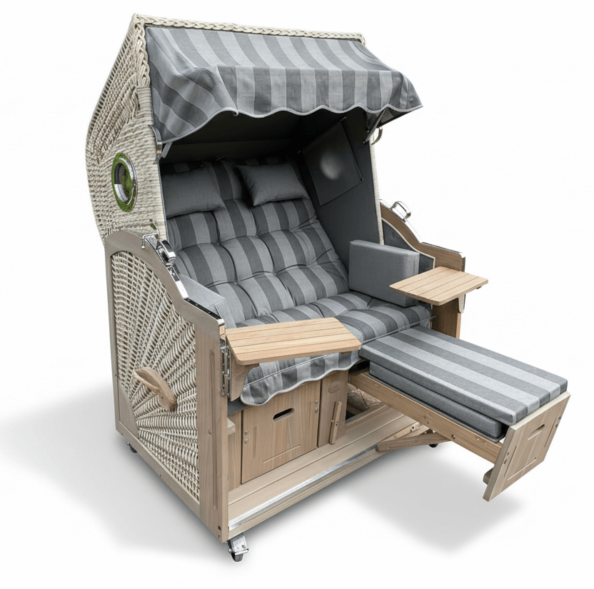 Strandkorb Prieß Modell Meister 7026 aus Lärchenholz vintage grau mit taupe PE-Geflecht und grau gestreiftem Stoff, verstellbare Liegefläche