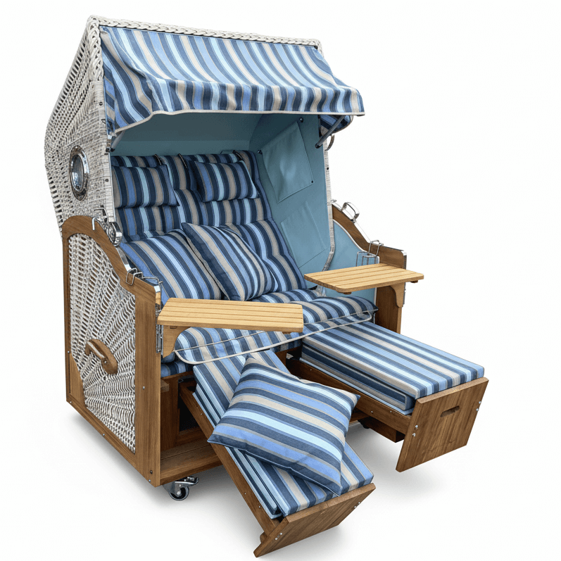 7018 Strandkorb Prieß Modell Meister, Foto zeigt Iroko Holz, PE Geflecht taupe, Größe wählbar, Stoffdessin wie abgebildet