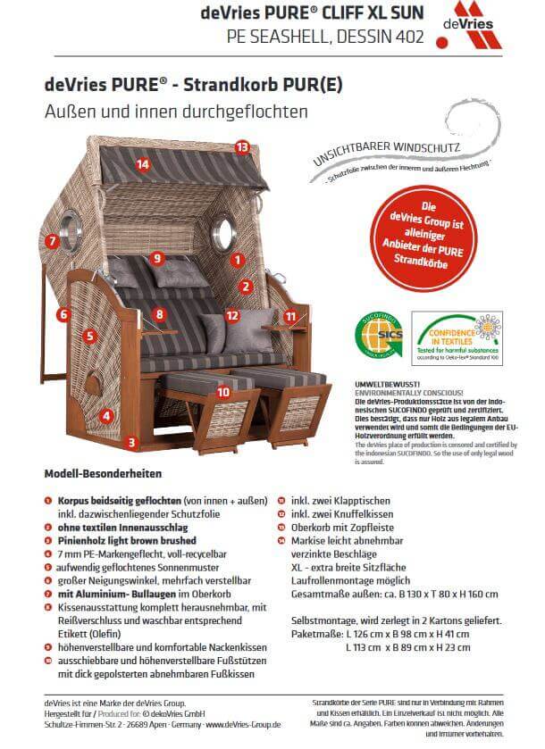 Strandkorb Trendy PURE Wave XL Bullaugen PE seashell Dessin 402 grau mit Komfortfunktionen und PE-Geflecht von deVries