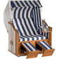 Sonnenpartner 2-Sitzer Strandkorb mit blau-weißen Streifen, ideal für den Außenbereich, bequeme Fußablagen, robust.