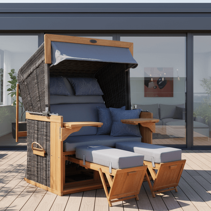 Strandkorb deVries PURE Friesland Sylt Teak PE stone grey Dessin 253 blau mit XL-Relaxfunktion auf moderner Terrasse