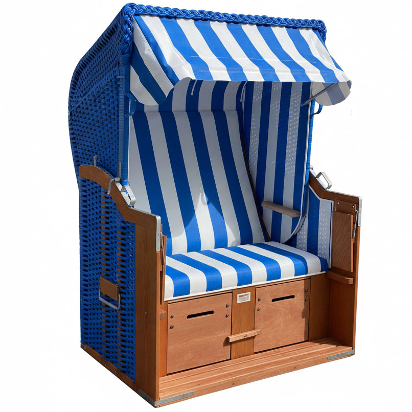 Strandkorb Eggers Standard PVC Geflecht dunkelblau mit blau weiß gestreifter PVC-Folie als 2-Sitzer 45° Strandkorb