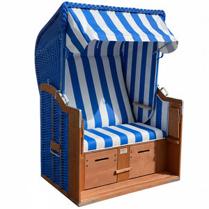 Strandkorb Eggers Standard PVC Geflecht dunkelblau mit blau weiß gestreifter PVC-Folie als 2-Sitzer 45° Strandkorb