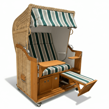 Strandkorb Sonnenpartner Classic 2-Sitzer in Naturoptik mit grün gestreiftem Dessin 14, Halblieger mit Fußstützen und Tisch
