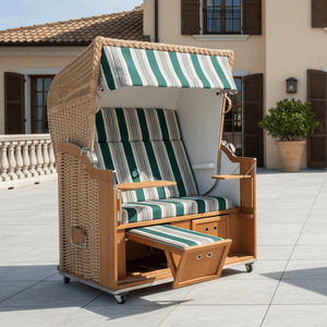Strandkorb Sonnenpartner Classic 2-Sitzer in Naturoptik mit grün-weißem Dessin 14 und Halblieger-Funktion auf Terrasse