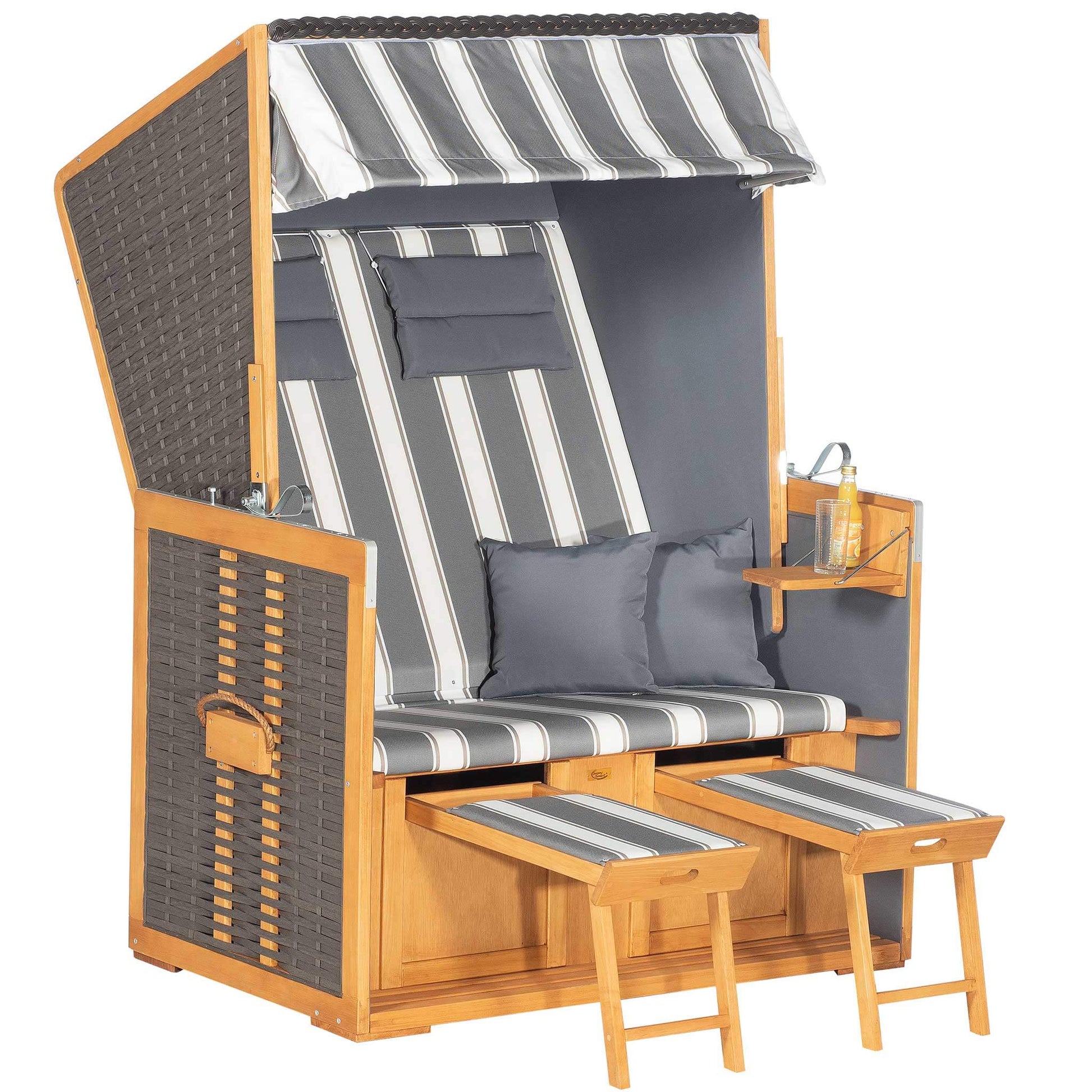 Strandkorb Rustikal 10 Z Vintage-braun, 2-Sitzer mit Halblieger und Fußablagen im Garten.