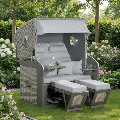 Strandkorb SunnySmart Rustikal 305 Z Bullaugen Comfort XL mit gemütlichen Polstern im Garten.