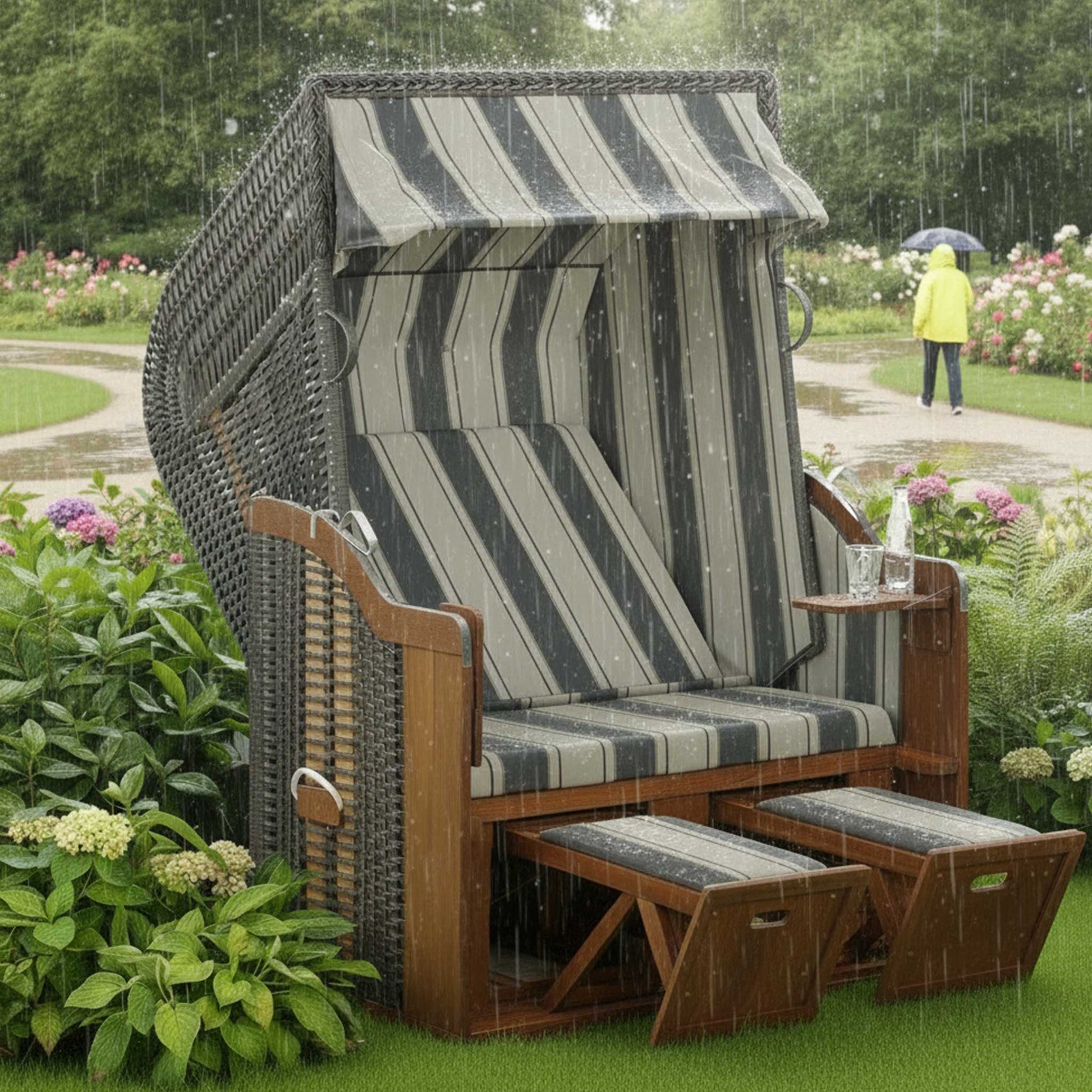 Strandkorb SunnySmart Rustikal 250 Basic aus PVC-Geflecht anthrazit mit Fußstützen im Garten bei Regen