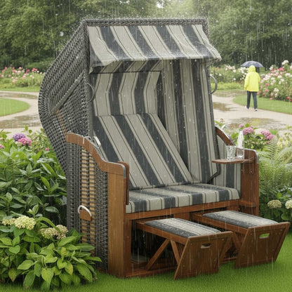 Strandkorb SunnySmart Rustikal 250 Basic aus PVC-Geflecht anthrazit mit Fußstützen im Garten bei Regen