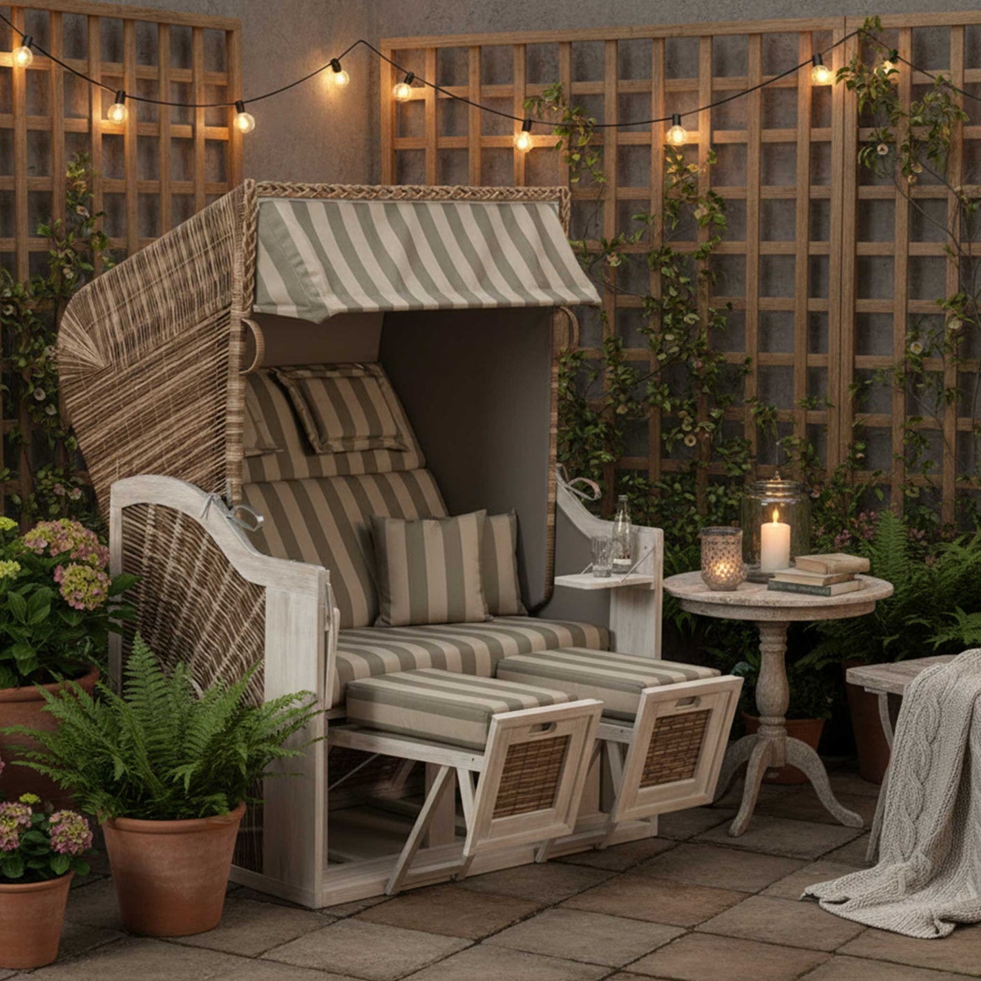 Strandkorb Rustikal 285 Z Sun Mix-Brown im Garten mit Pflanzen und Beleuchtung, elegantes Design für Entspannung.