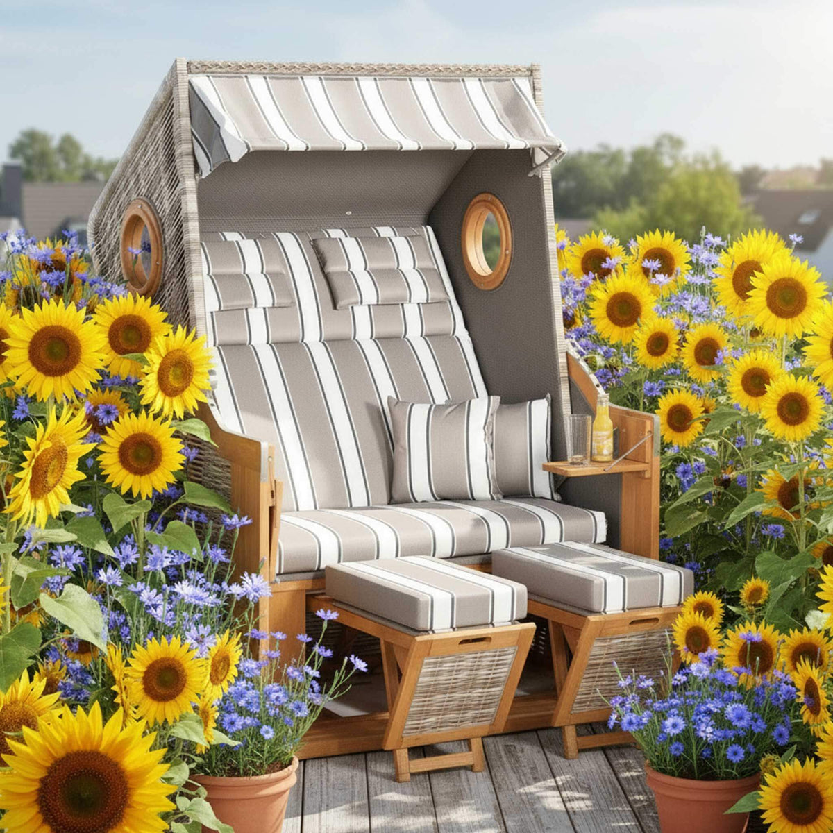 Strandkorb mit Sonnenblumen im Hintergrund