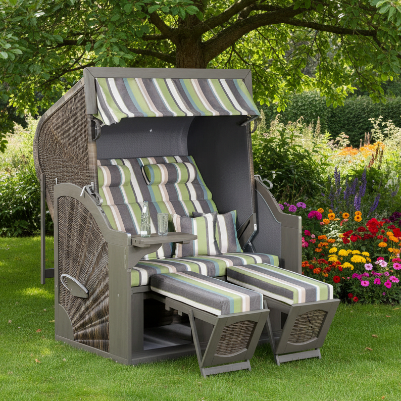 Strandkorb SunnySmart Rustikal 400 Z Comfort XL Pinienholz grau lasiert - PE-Geflecht vintage-braun Dessin 1226