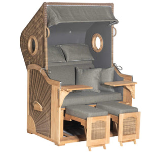 Strandkorb Rustikal 295 Plus Teak mit bullaugen, hochwertiger Vollausstattung und bequemen Polstern.