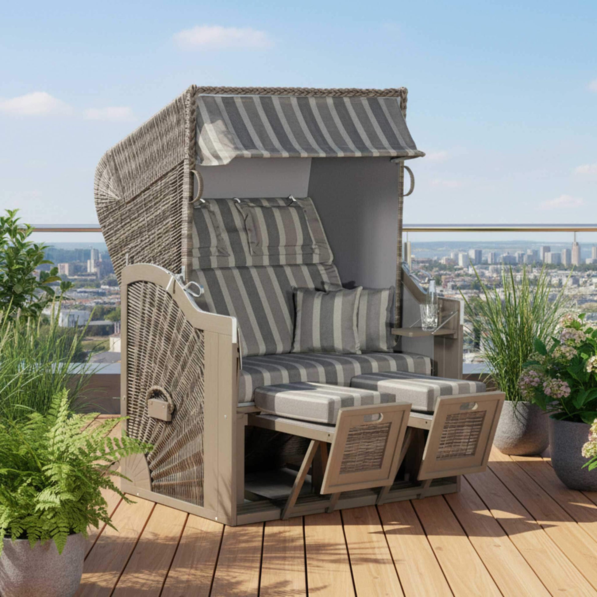 Strandkorb Rustikal 285 Z Sun aus Pinienholz, grau lasiert, mit PE-Geflecht in schiefer grau, perfekt für entspannte Tage.