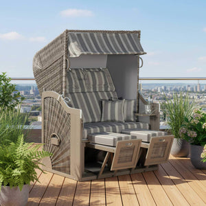 Strandkorb Rustikal 285 Z Sun aus Pinienholz, grau lasiert, mit PE-Geflecht in schiefer grau, perfekt für entspannte Tage.