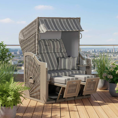 Strandkorb Rustikal 285 Z Sun aus Pinienholz, grau lasiert, mit PE-Geflecht in schiefer grau, perfekt für entspannte Tage.